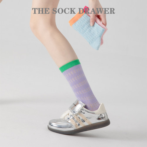 袜子女中筒夏天薄款镂空纯棉吸汗透气多巴胺紫色网眼搭配德训鞋