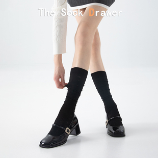 黑色波浪纹及膝长筒袜立体浮雕堆堆袜 日系学院风学院小腿袜薄款