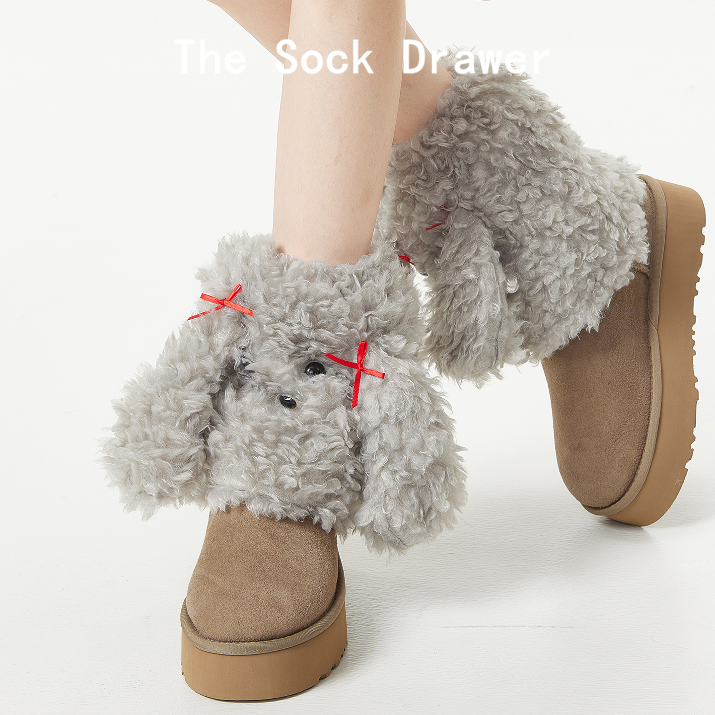 日系立体蝴蝶结卡通小狗小腿袜腿套女冬天外穿加厚保暖灰色袜套