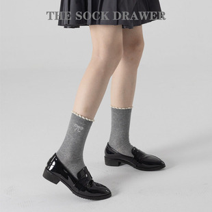 JK花边蝴蝶结袜子女中筒袜灰色春秋搭配小皮鞋 甜美棉袜夏季 新款