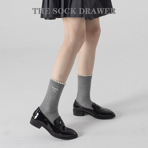 新款甜美棉袜夏季JK花边蝴蝶结袜子女中筒袜灰色春秋搭配小皮鞋
