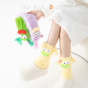 黄色保暖袜子女冬季 丑萌搞怪毛绒堆堆袜居家加厚睡眠地板袜中筒