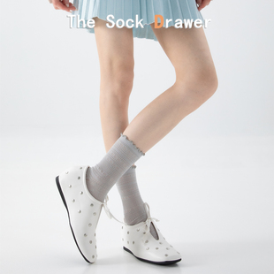 法式 网眼镂空透气木耳边灰色袜子ins潮袜 花边袜子女士中筒袜夏季