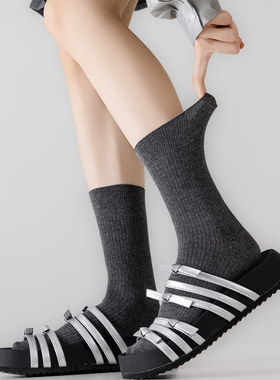灰色袜子女中筒袜春秋纯棉长袜抽条竖条日系堆堆袜配拖鞋ins潮袜