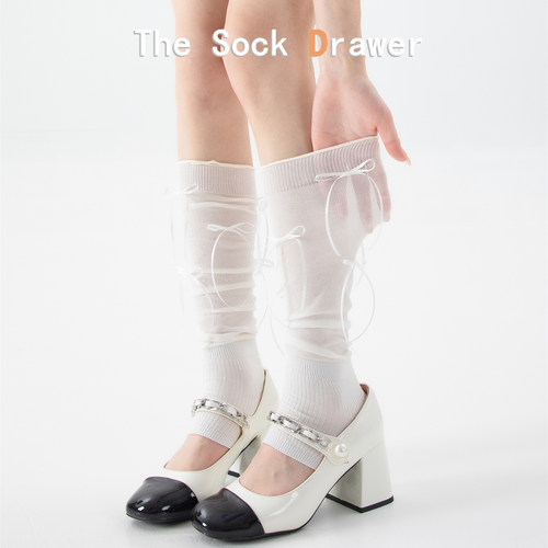 miu系芭蕾风脚踩袜套女士夏季薄款绑带蝴蝶结半截长筒小腿袜腿套