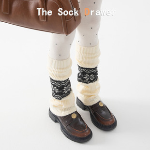 复古民族风针织腿套堆堆袜女加厚保暖雪花小腿袜护腿套白色长筒袜