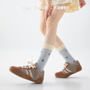 韩国东大门袜子女中筒袜春夏季 撞色碎花文艺少女堆堆袜蓝色 薄款