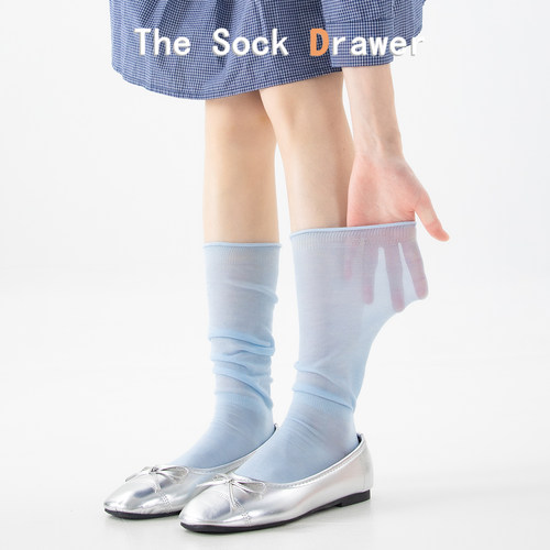 纯色基础款堆堆袜薄款夏天网纱女无骨中筒袜蓝色小腿袜搭配芭蕾鞋