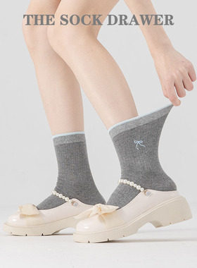 2025新款爆款韩系中筒袜棉刺绣蝴蝶结芭蕾风少女灰色袜子ins袜女