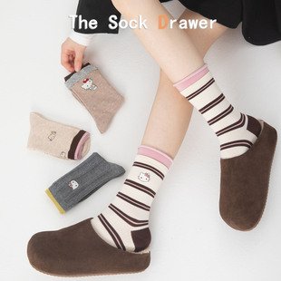 韩版 Kitty卡通刺绣袜子女秋冬卷边假两件中筒袜日系学院风 Hello