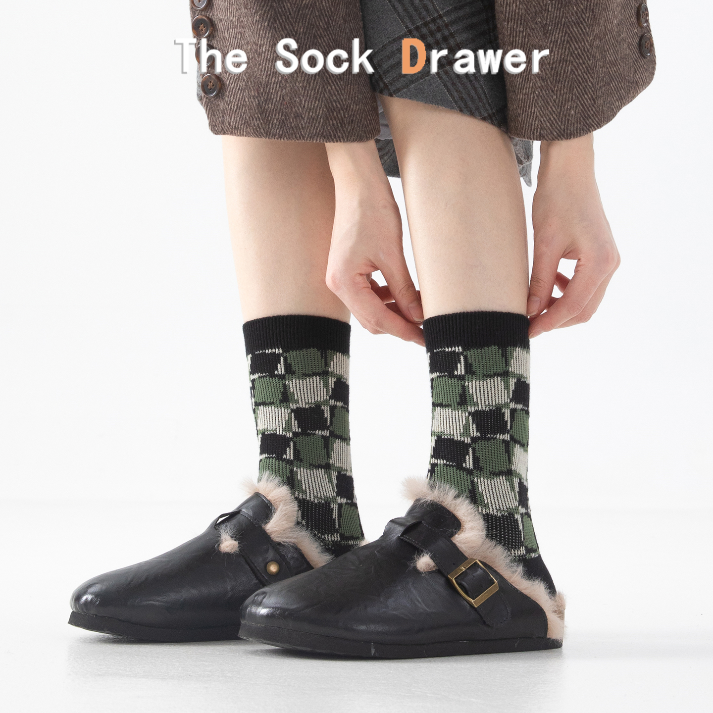 女生高颜值袜子网红爆款双针双路撞色格子中筒袜韩系外穿堆堆袜