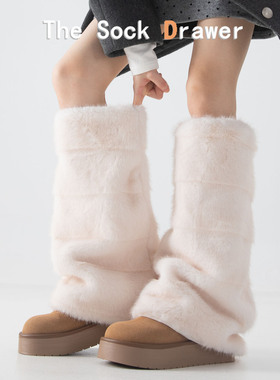 防下滑长筒袜套女宽松阔腿喇叭型毛绒叠穿仿皮草袜腿套加厚保暖