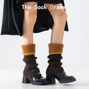 拼接棕色堆堆袜腿套女士秋冬季 加厚保暖发热羊毛袜套日系学院风
