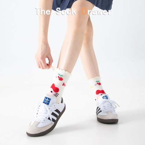 日系甜妹花边中筒袜女春夏款可爱卡通Hello Kitty堆堆袜配德训鞋