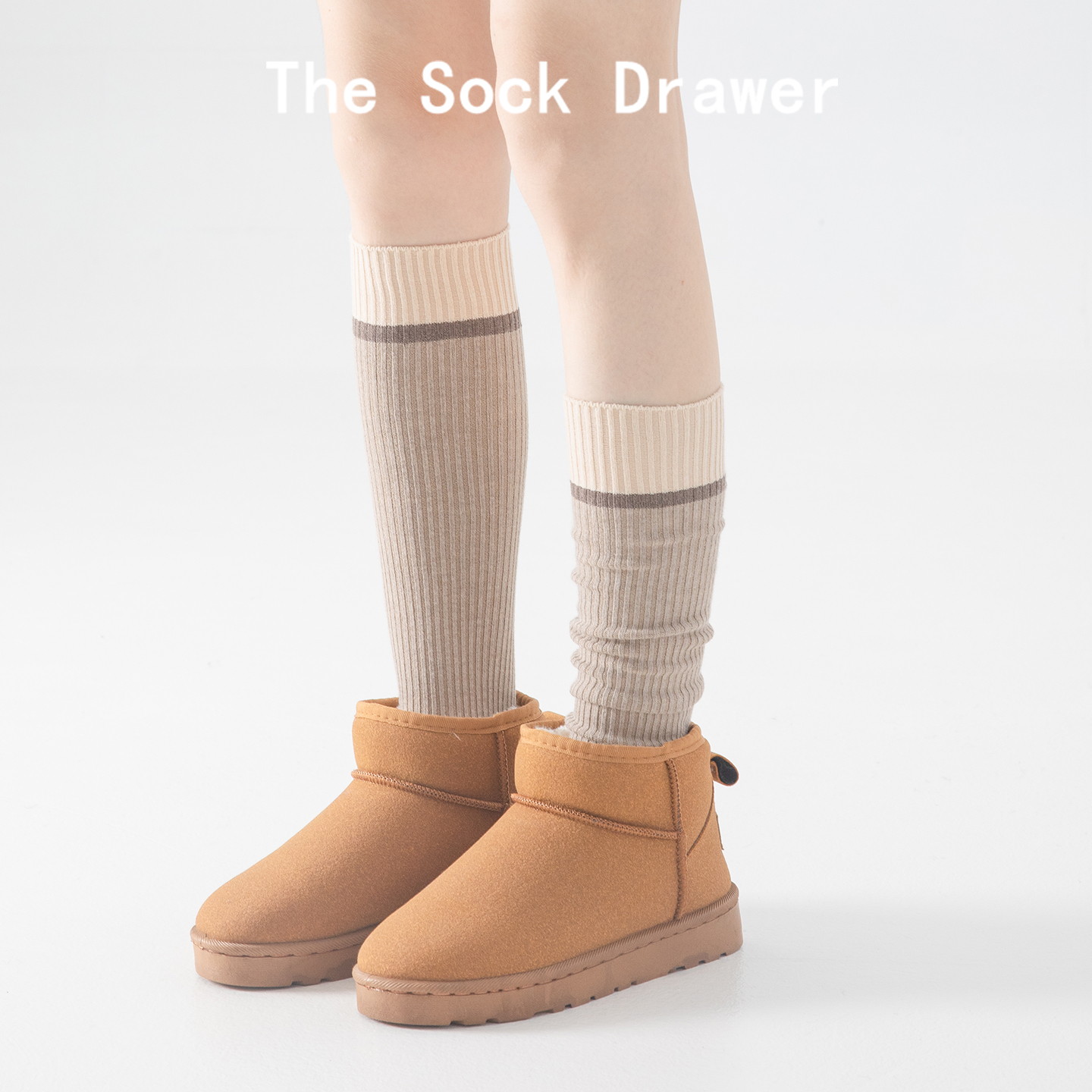 韩版双针一杠长筒袜子女秋冬季外穿无骨拼色羊绒堆堆袜配雪地靴