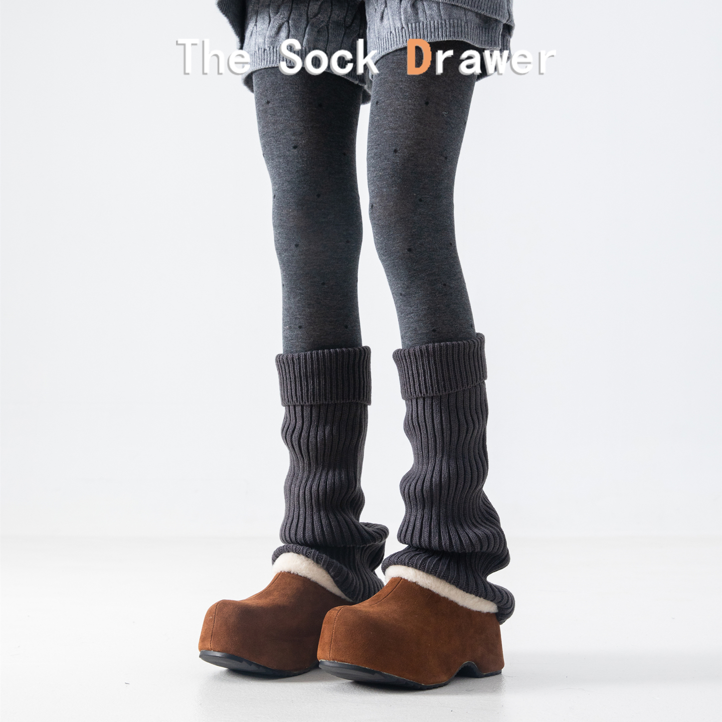 针织袜套喇叭型女秋冬外穿加厚保暖y2k翻边阔腿竖纹深灰堆袜腿套