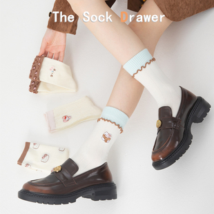 hellokitty卡通刺绣白色花边中筒袜女日系可爱学院风翻边堆堆袜