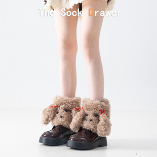 日系洛丽塔泰迪小狗毛绒腿套女秋冬保暖加厚护脚踝中筒棕色袜套
