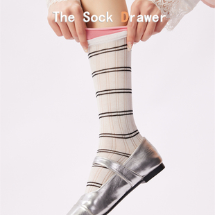 多巴胺粉色卷边堆堆袜女春夏季 中筒拼接撞色条纹袜子 网眼透气爆款