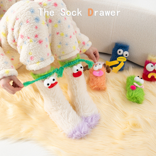 仿貂毛中筒袜子女秋冬加厚保暖可爱卡通丑萌搞怪表情袜居家堆堆袜