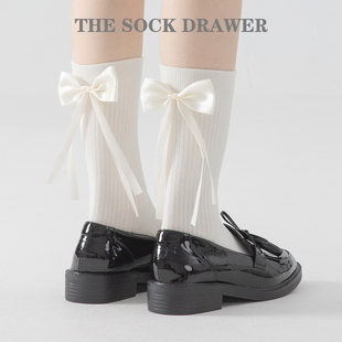白色中筒袜纯棉配小皮鞋 袜子 薄款 洛丽塔jk飘带蝴蝶结袜子女夏季