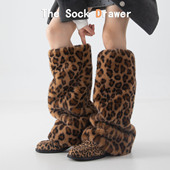豹纹小腿袜腿套女秋冬加绒加厚保暖及膝长筒堆堆袜腿套日系原宿风