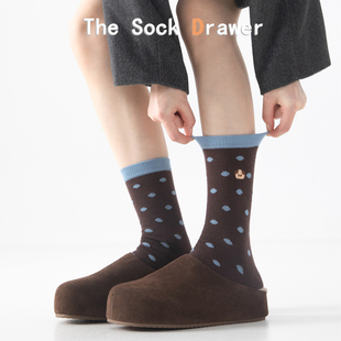 羊绒袜子女秋冬加厚保暖堆堆袜配勃肯鞋 韩国蓝色波点羊毛中筒袜