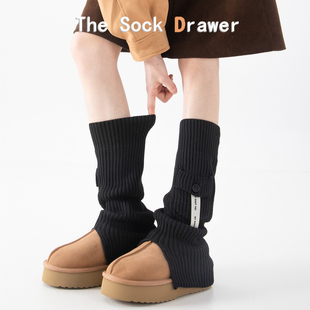 y2k辣妹针织袜套女秋冬季 加厚保暖黑色叠穿口袋靴套布标堆堆袜套