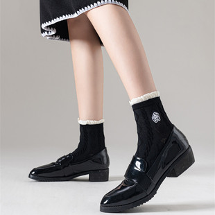 黑色袜子花边泡泡口短袜女春夏中筒袜搭配小皮鞋 袜子 小香风