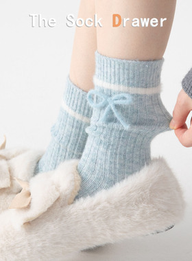 蓝色羊毛袜子女秋冬加厚保暖加绒抗寒立体蝴蝶结中筒学院风堆堆袜