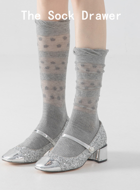 夏季小腿袜花边泡泡口超薄透气网眼灰色长筒堆堆袜配玛丽珍鞋袜子