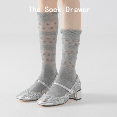 夏季小腿袜花边泡泡口超薄透气网眼灰色长筒堆堆袜配玛丽珍鞋袜子