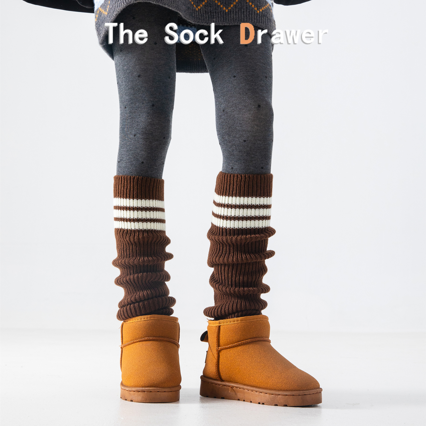 美拉德棕色袜套女士秋冬款三杠条纹y2k学院风47cm长筒堆堆袜腿套