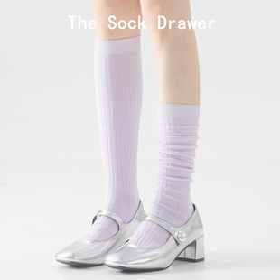 紫色小腿袜子女秋冬jk学院风高筒竖纹ins潮袜微压显瘦长筒堆堆袜