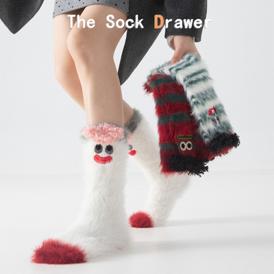 可爱毛绒刺绣表情袜子女秋冬加厚保暖仿皮草条纹冬天长筒堆堆袜