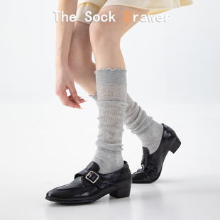 小腿袜女薄款 灰色高筒长袜miu系花边竖条纹堆堆袜JK学院风 春夏季