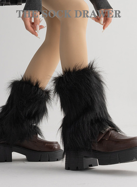 y2k辣妹堆堆袜英伦风加厚保暖毛绒袜套女秋冬仿皮草黑色毛毛腿套