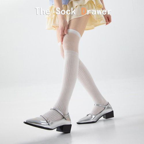 夏季薄款过膝袜女士白色拼接网纱长筒长袜子防滑大腿袜配玛丽珍鞋