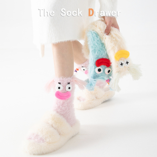 卡通搞怪丑萌毛绒袜子女冬加厚保暖珊瑚绒居家睡眠袜子粉色地板袜