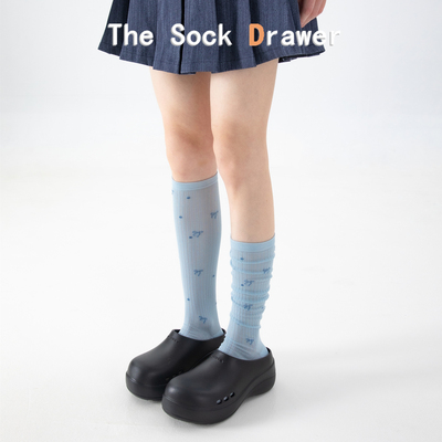 蓝色堆堆袜女春夏季日系甜美蝴蝶结波点袜子学院风堆堆袜配洞洞鞋