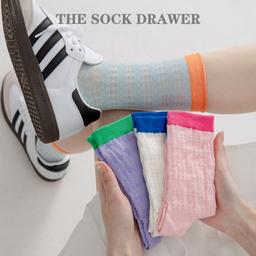 多巴胺蓝色网眼搭配德训鞋袜子女中筒夏天薄款镂空纯棉吸汗透气