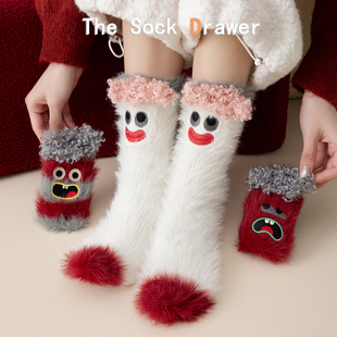 仿貂毛袜子女秋冬季 可爱搞怪卡通刺绣本命年新年红色条纹堆堆袜