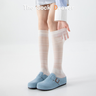 超薄微透显瘦白色及膝长筒袜子日系堆堆袜 松口条纹小腿袜女夏季
