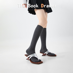 深灰色及膝半腿长袜学院风二趾分趾堆堆袜 微压显瘦小腿袜女春夏季