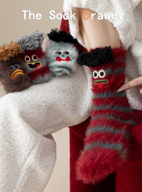 红色条纹袜子女中筒可爱卡通刺绣搞怪新年大红袜仿貂毛长筒堆堆袜