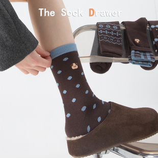 美拉德咖色袜子女秋冬加绒波点中筒袜加厚保暖卡通刺绣小狗袜子