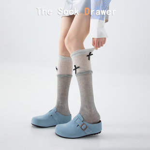 拼色小腿袜松口不勒脚芭蕾风薄款 蝴蝶结及膝长筒袜子 堆堆袜女夏季