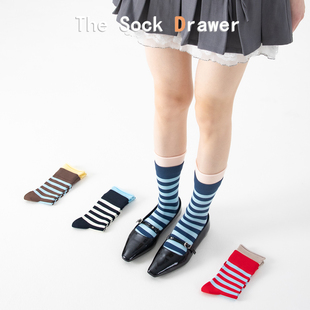 韩国东大门袜子女春夏季 复古条纹堆堆袜无骨卷边拼接纯棉袜子 新款