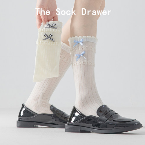 双层花边泡泡口中筒袜纯棉女夏季薄款蝴蝶结堆堆袜配小皮鞋的袜子