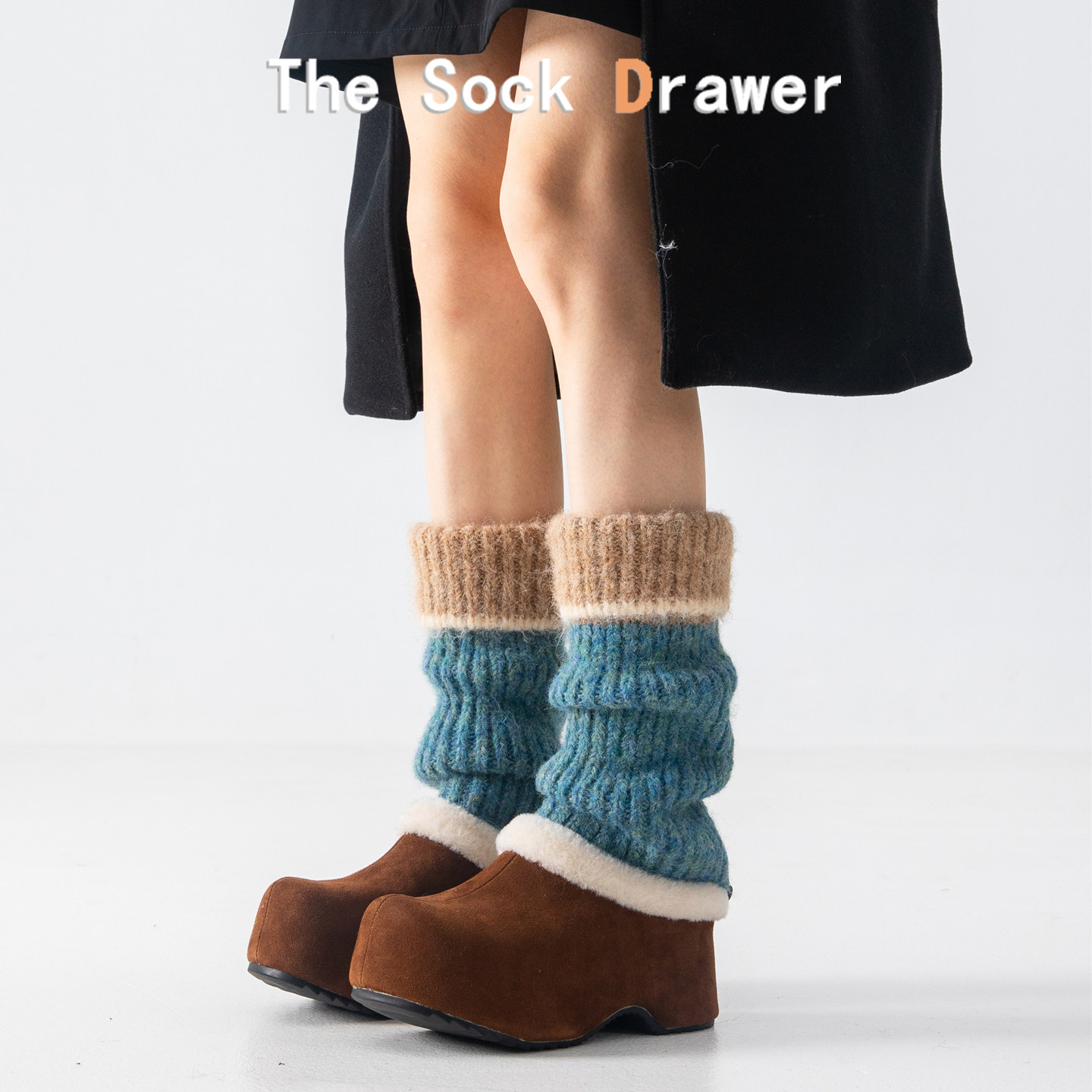 韩系拼色绿色羊毛堆堆袜腿套女秋冬季外穿ins潮加厚保暖针织袜套